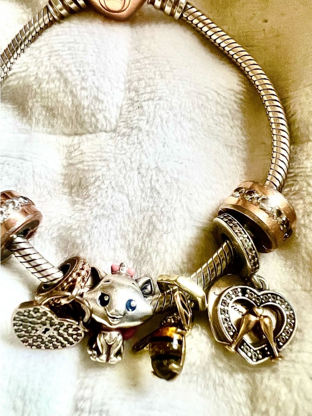 Pandora Rose Gold & Silver Kids Charm Bracelet with Cat, Hearts, Bee charms